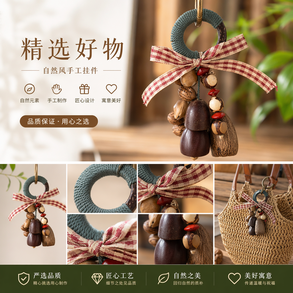 红白格子蝴蝶结木质珠串挂件 装饰挂饰手工编织详情1