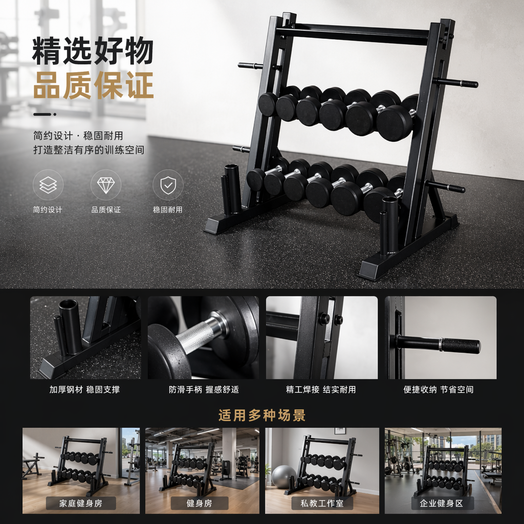 黑色哑铃架配哑铃家用健身器材承重稳定防滑设计详情1