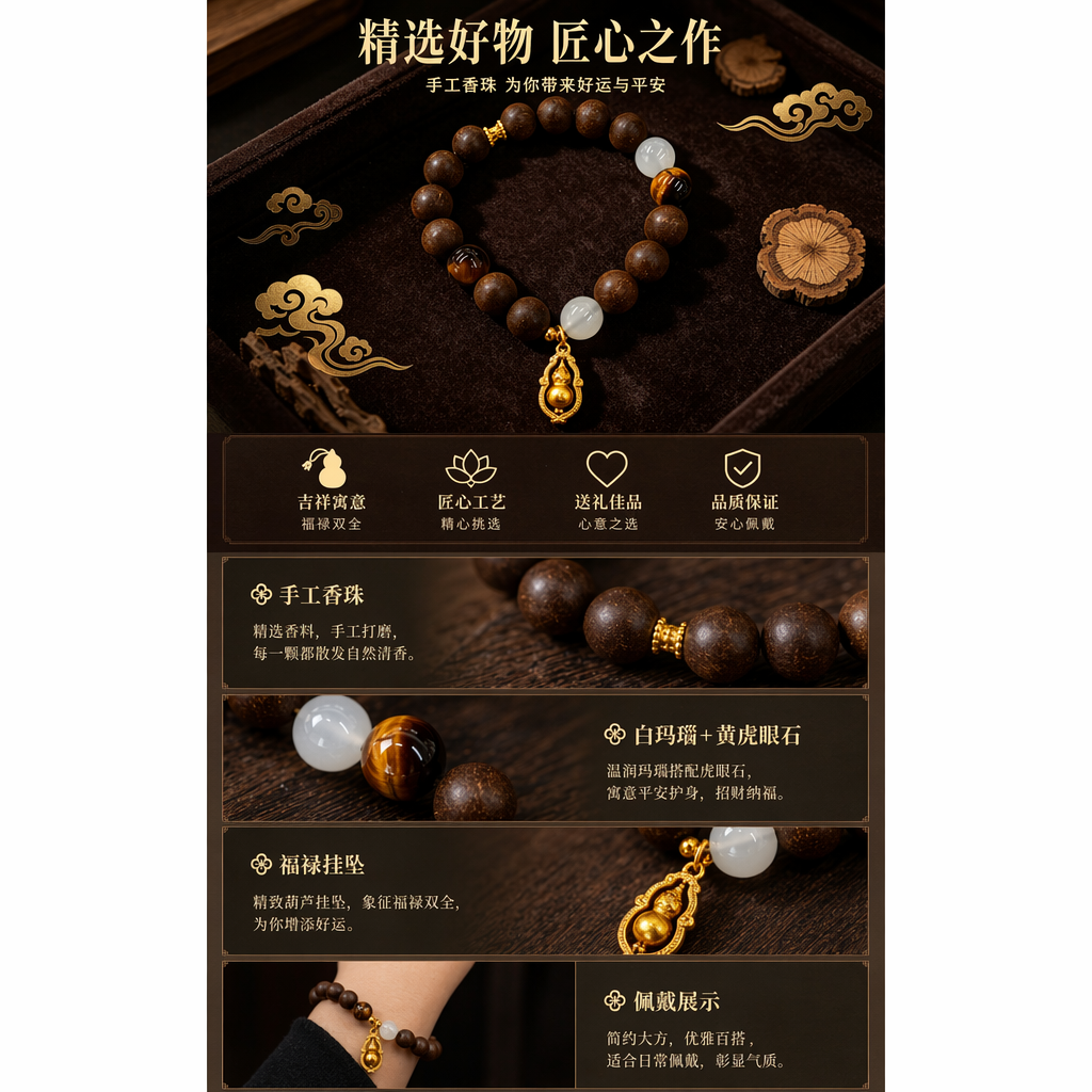 非遗古法药香珠天然药香手串佛珠手链香珠文玩手串 瑶香阁1.0鹅梨帐中香+1.0白玛瑙+1.0黄虎眼石手串Y2600161详情1