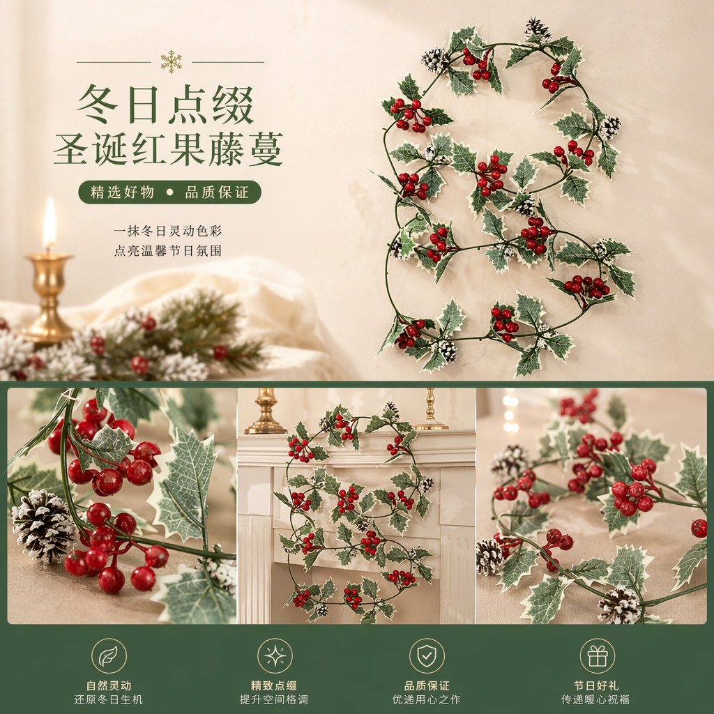 绿色冬青藤蔓圣诞藤条 带红色浆果雪松果装饰 玫瑰花双瓣长墙花详情1