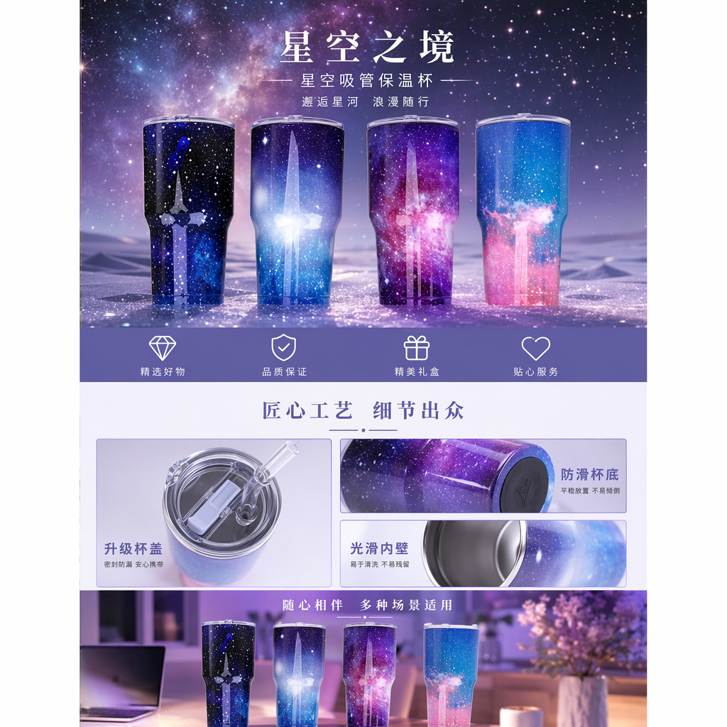 星空图案不锈钢保温杯 350ml 保冷保热 防漏便携详情1