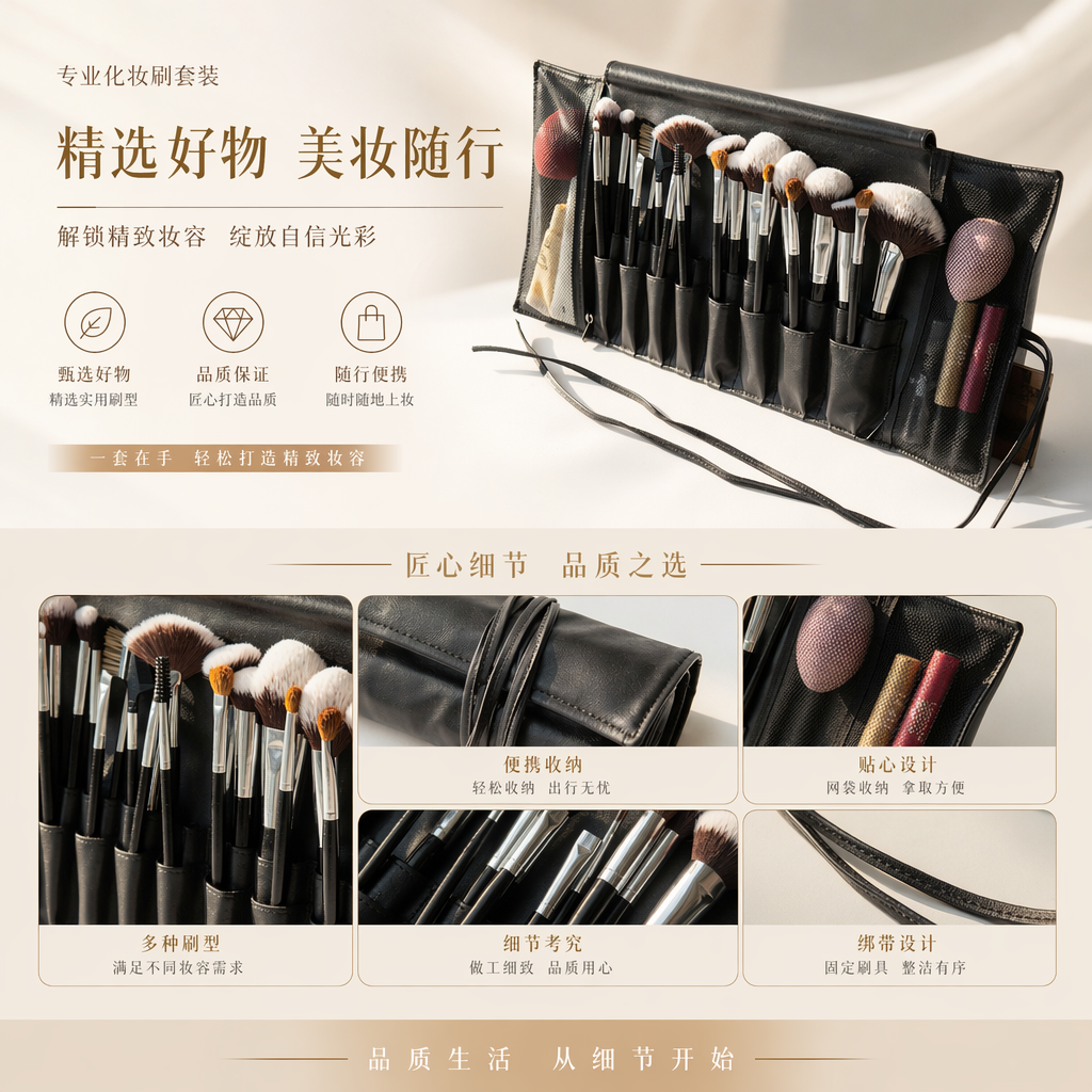 黑色化妆刷收纳卷 化妆刷专用便携卷式收纳袋详情1