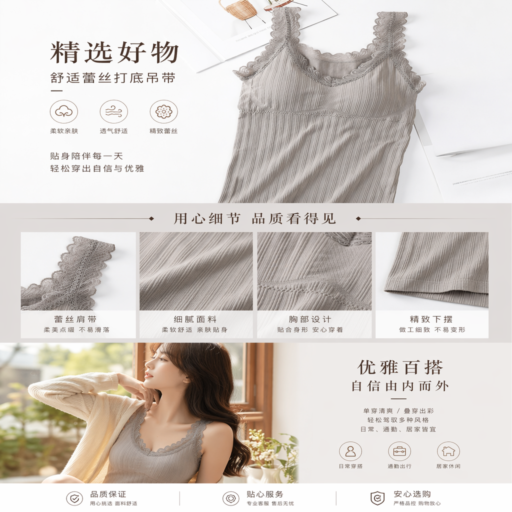 灰色条纹蕾丝边修身背心 女夏季内搭上衣详情1