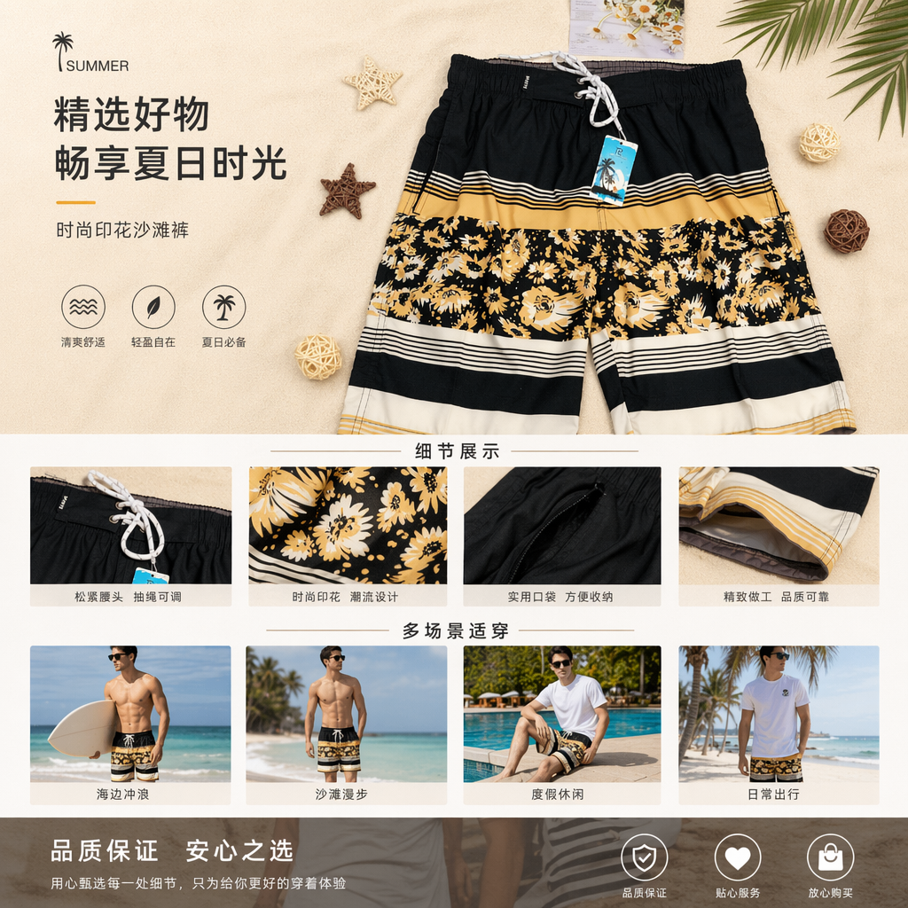 黑色条纹花卉图案沙滩裤 速干冰感弹力休闲短裤 夏日海边必备详情1