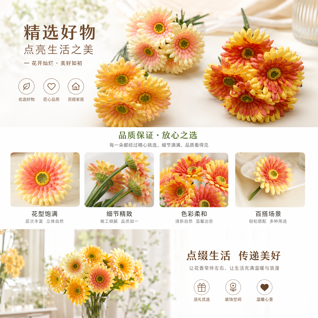 仿真花装饰花塑料花假花手工花材料家饰塑料花仿真7头弗朗菊绢花塑料花假花婚庆DIY手工花人造花拍摄道具详情1
