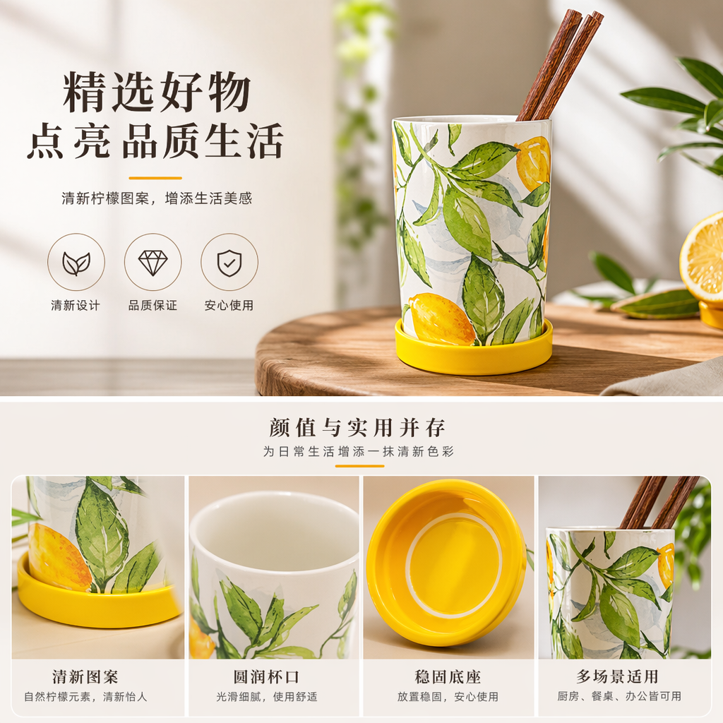 Lemon green leaf patterned ceramic chopstick holder, a household kitchen tableware storage rack pic 1