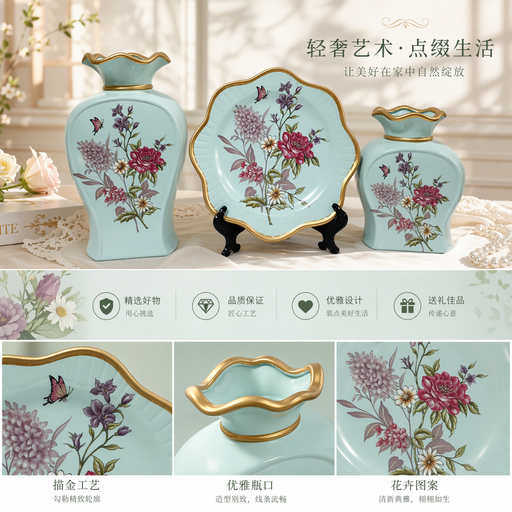 2026 New light cyan floral decorative ceramic Set, vase and plate two-piece set, hotel and home ceramic vase pic 1