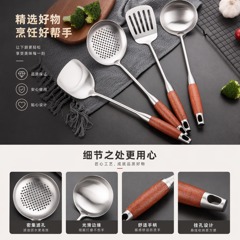 银色厨具套装 不锈钢厨房用具套装 含锅铲汤勺漏勺多功能详情1