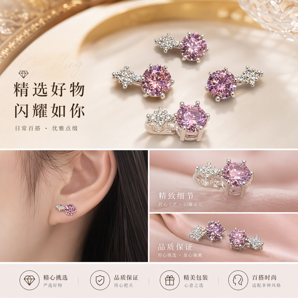 粉色宝石耳钉手链套装 时尚轻奢配饰 女士精致礼盒装详情1