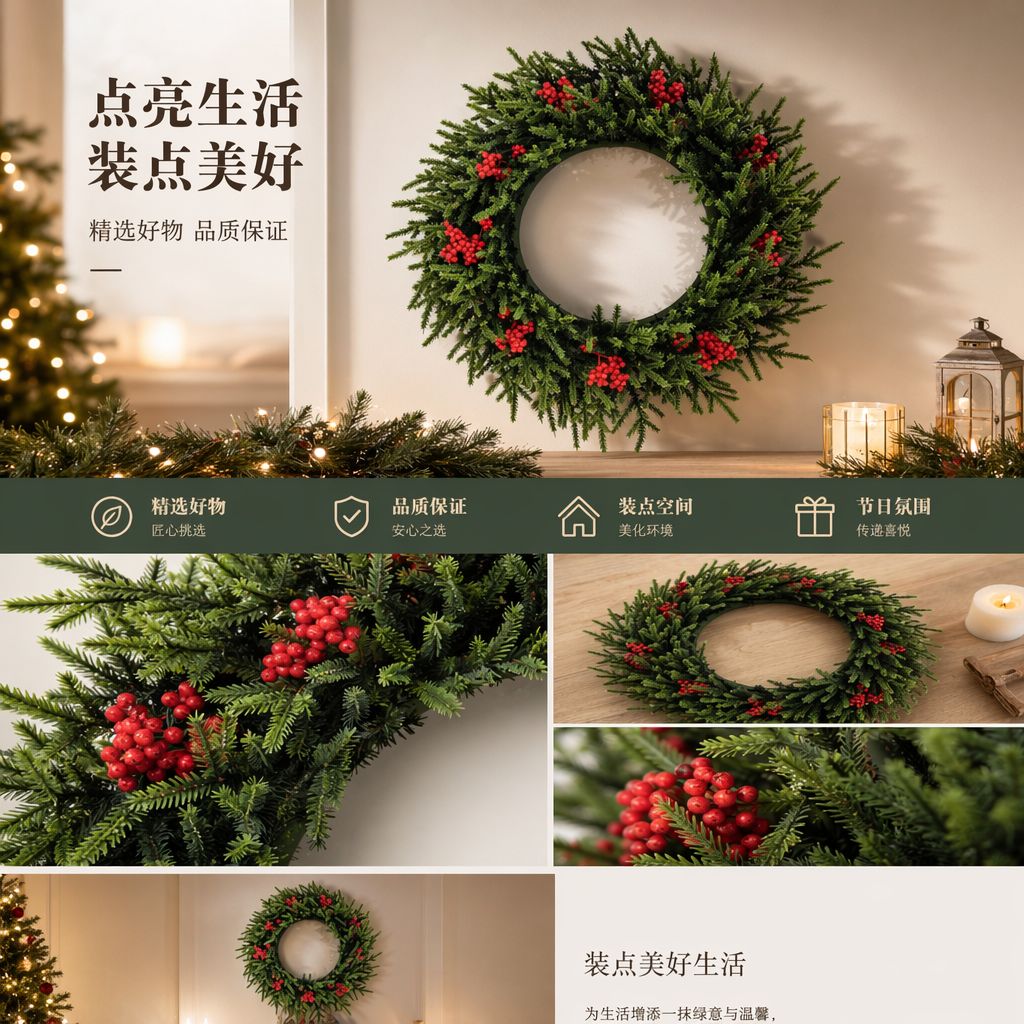 绿色松枝圣诞花环点缀红色浆果 圣诞树装饰品圣诞球蝴蝶结花详情1