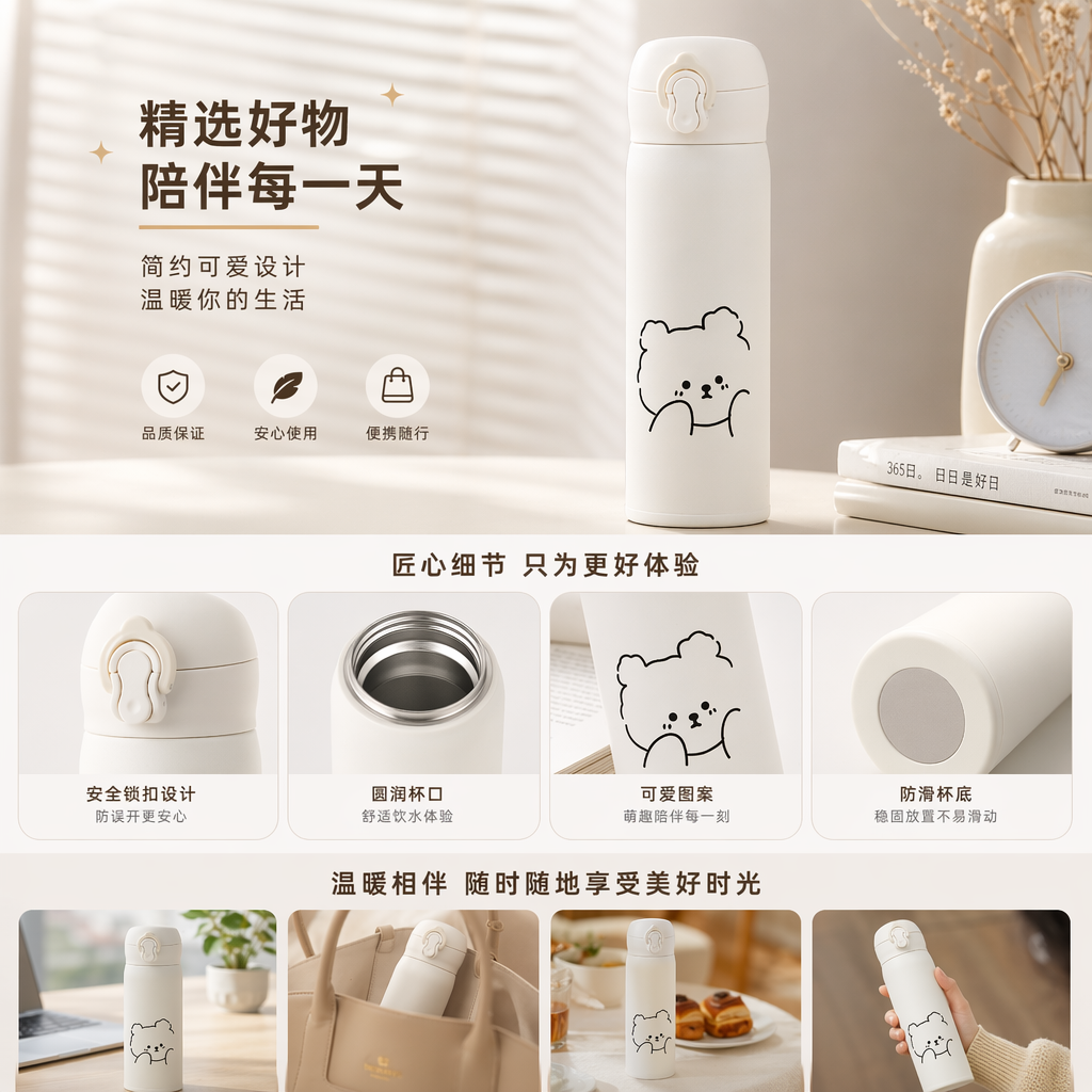 白色保温杯 杯身黑色线条卡通小熊图案 304不锈钢详情1