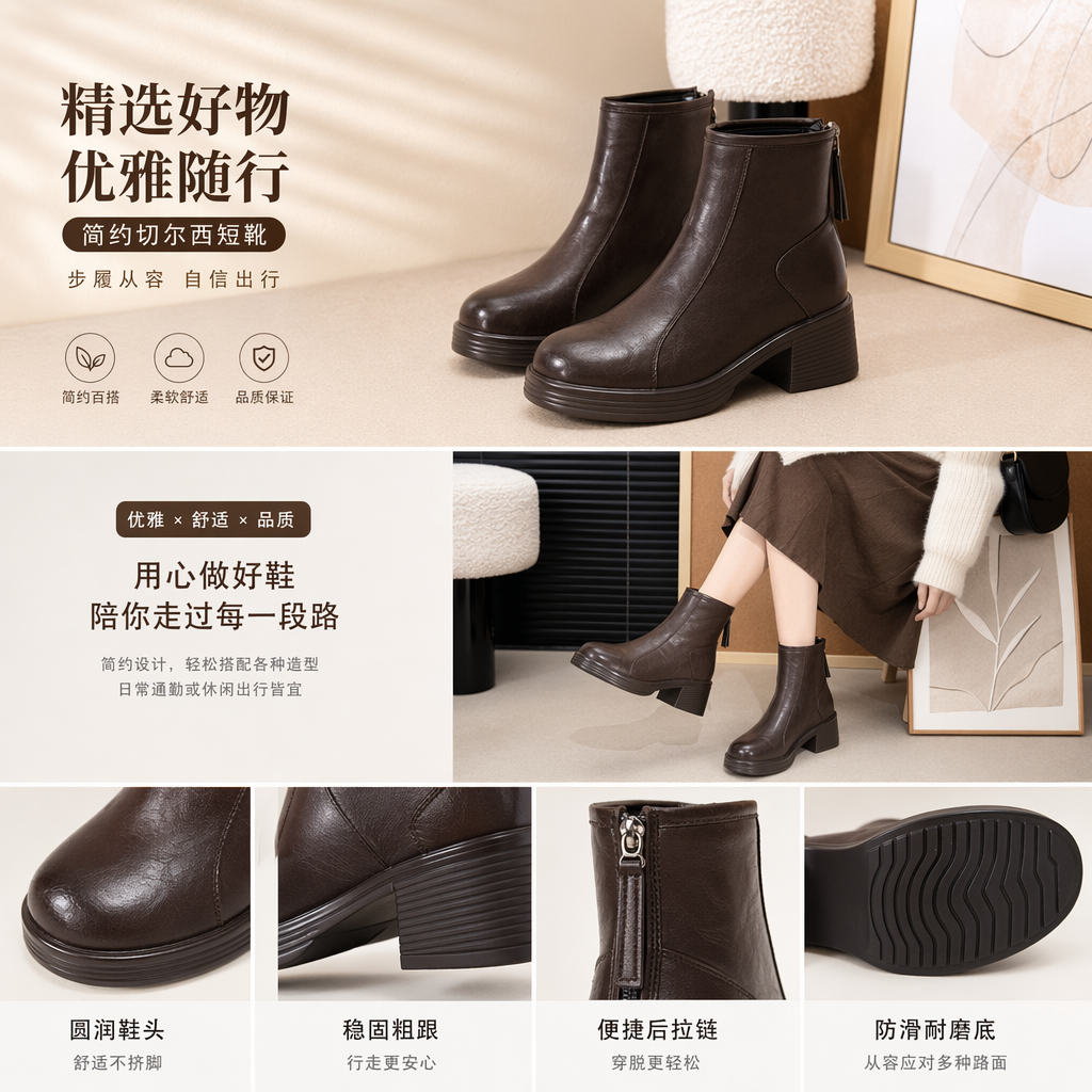 黑色与棕色短靴 女款秋冬真皮马丁靴高筒靴详情1