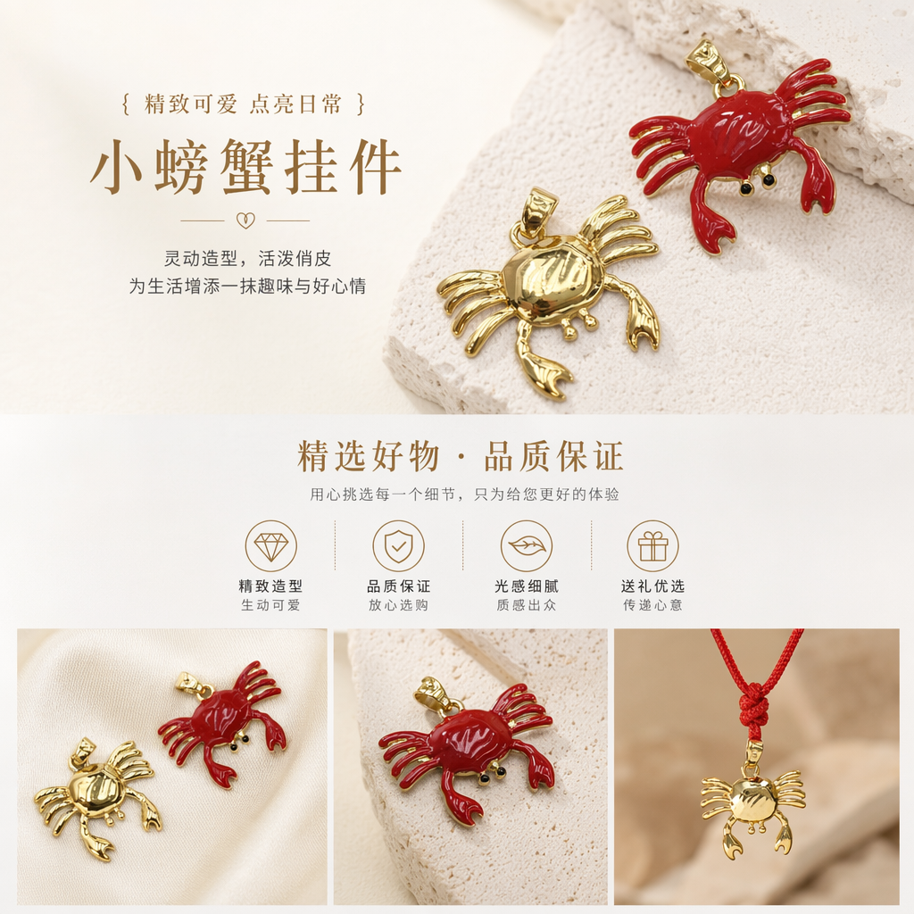 金色螃蟹吊坠 红色螃蟹吊坠 时尚轻奢合金项链女详情1