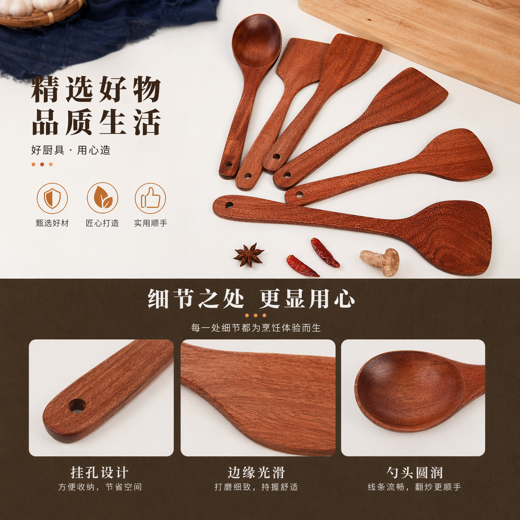 棕色木质厨具套装 实木厨房用具套装 耐用防滑烹饪工具详情1