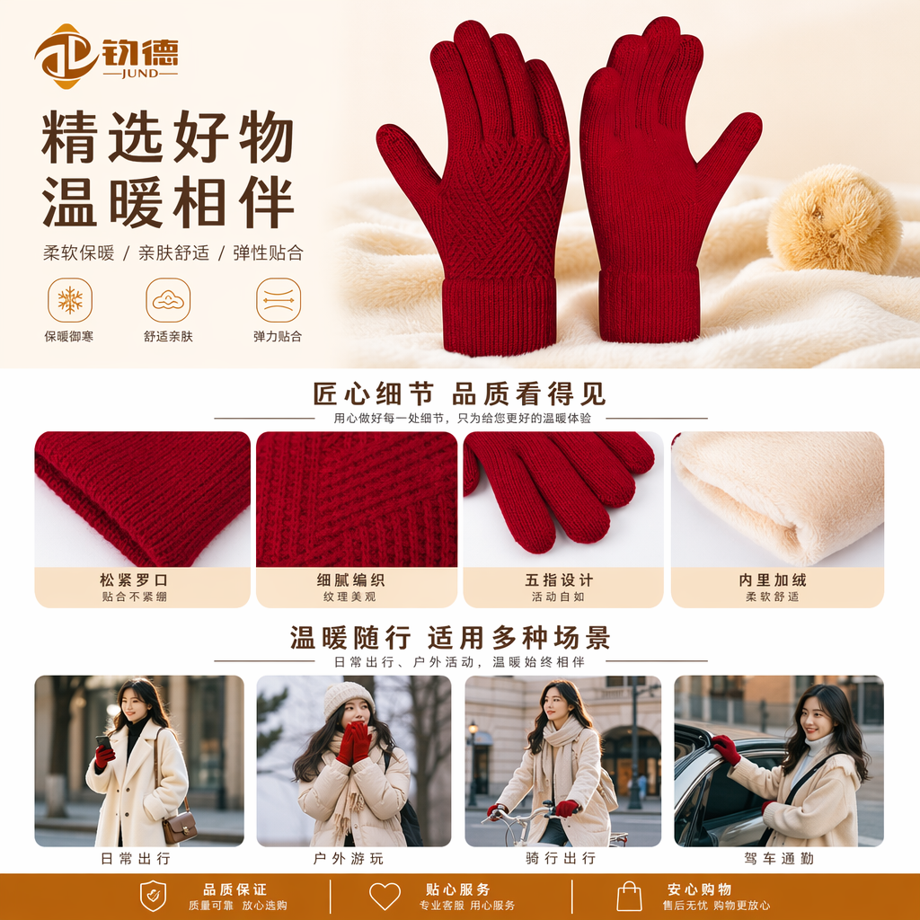 红色针织手套 女士保暖防滑毛线手套秋冬加厚款详情1