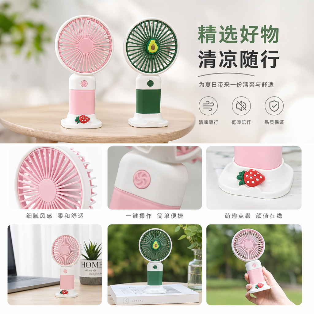 Pink strawberry-shaped small fan, green avocado shaped small fan, rechargeable desktop mini fan pic 1