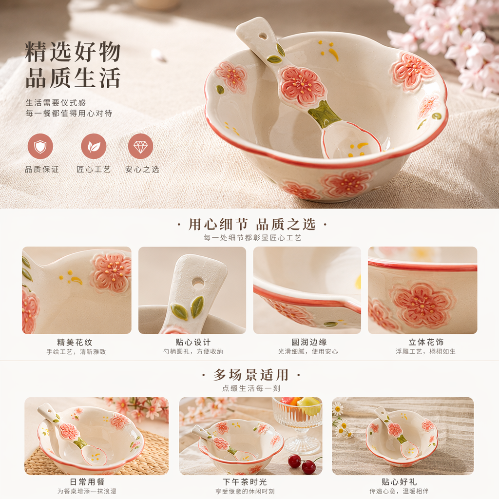 粉色樱花陶瓷碗配勺家用简约日式餐具套装详情1