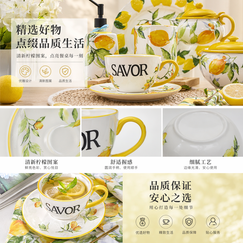 Yellow lemon patterned ceramic cups and saucers set, home coffee and tea set gift box pic 1