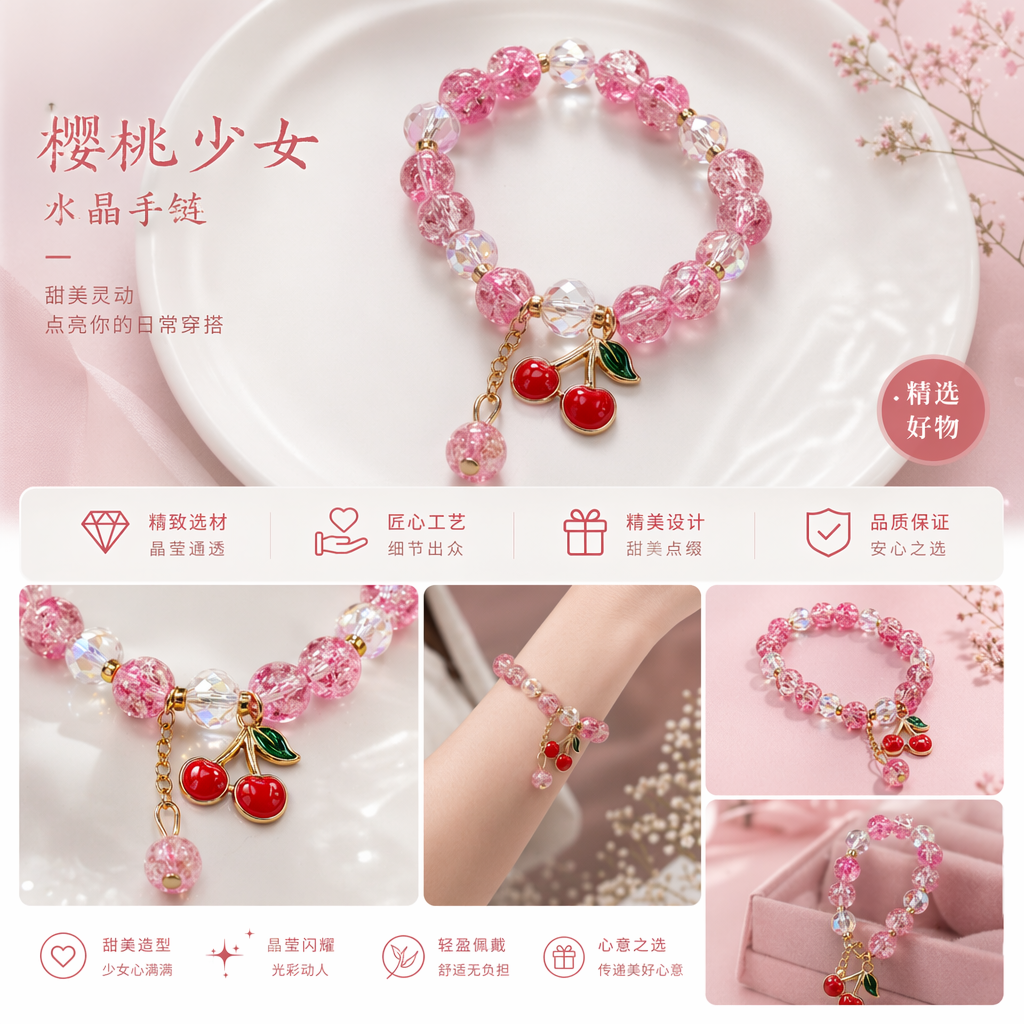 粉色水晶珠手链配樱桃吊坠 女士时尚饰品详情1