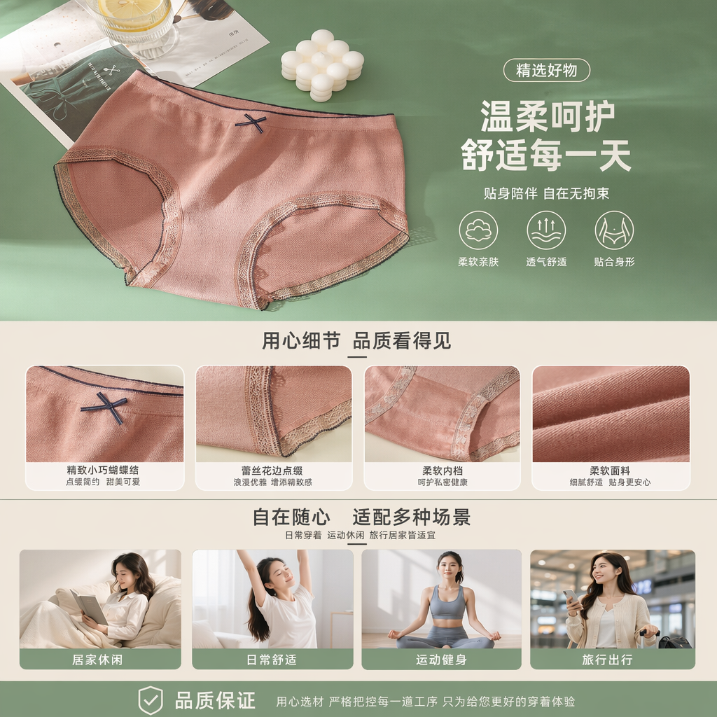 粉色蕾丝边女士内裤 柔软棉质 高腰显瘦 透气舒适详情1