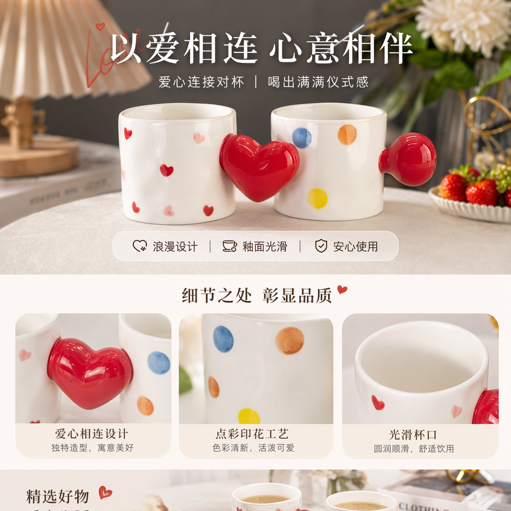 White heart-shaped pattern polka dot mug with red heart-shaped connectors, ceramic mug, water cup pic 1