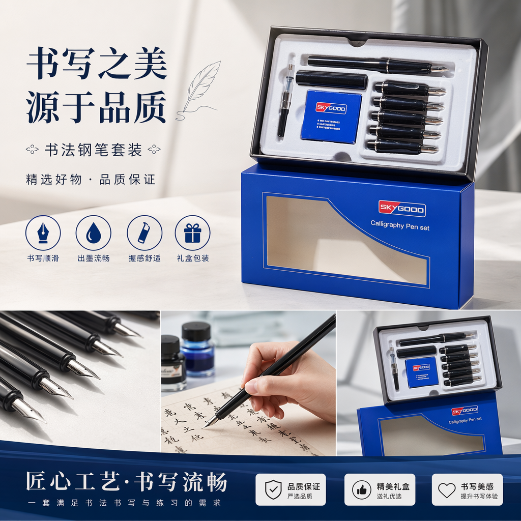 蓝色包装盒书法笔套装 毛笔硬笔软笔组合学生练字用详情1