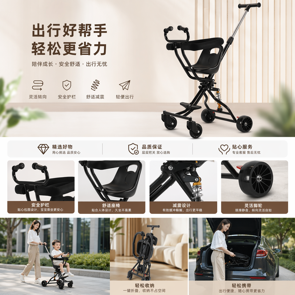 黑色儿童推车专用座椅 适配多品牌婴儿车可调节安全坐垫详情1