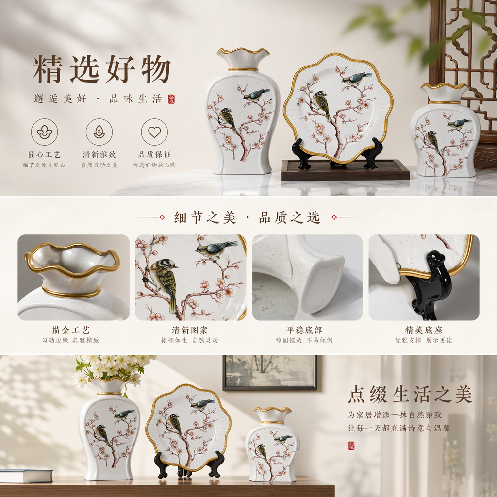 New 2026 white ceramic vase and plate set with bird-dwelling plum branch pattern and golden border ceramic vase pic 1