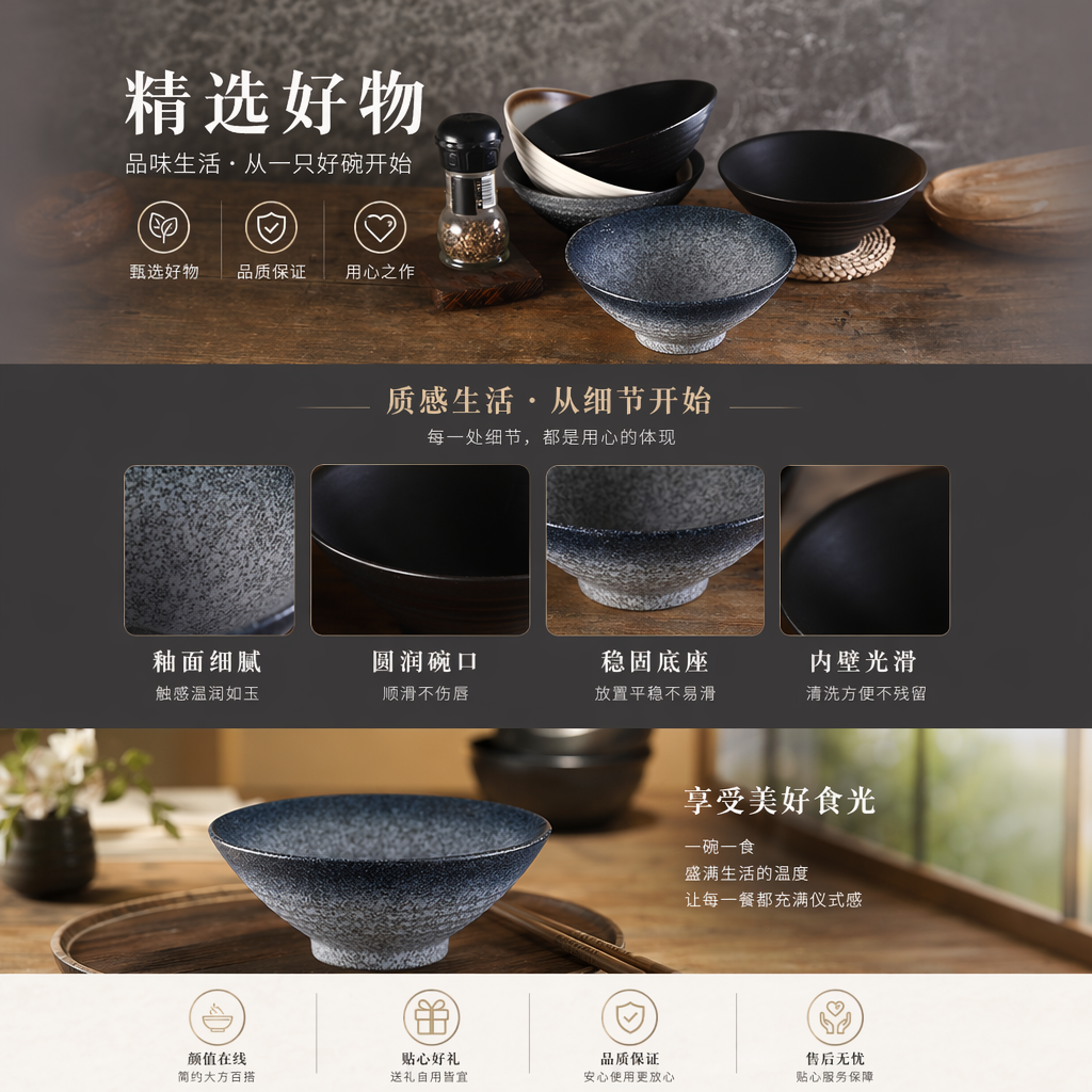 黑色灰蓝色陶瓷碗 家用简约餐碗 高温烧制釉面光滑详情1