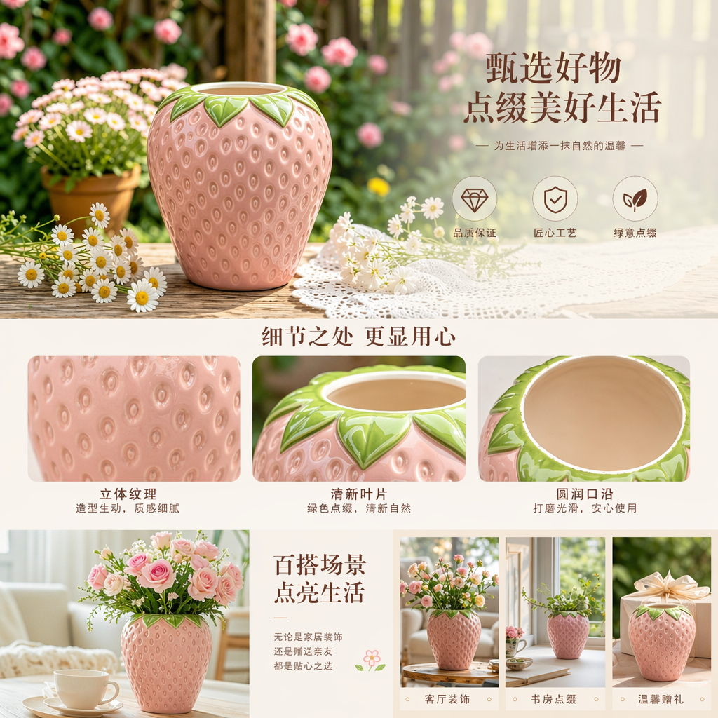 粉色草莓造型陶瓷花瓶 家居装饰摆件创意可爱卧室客厅详情1