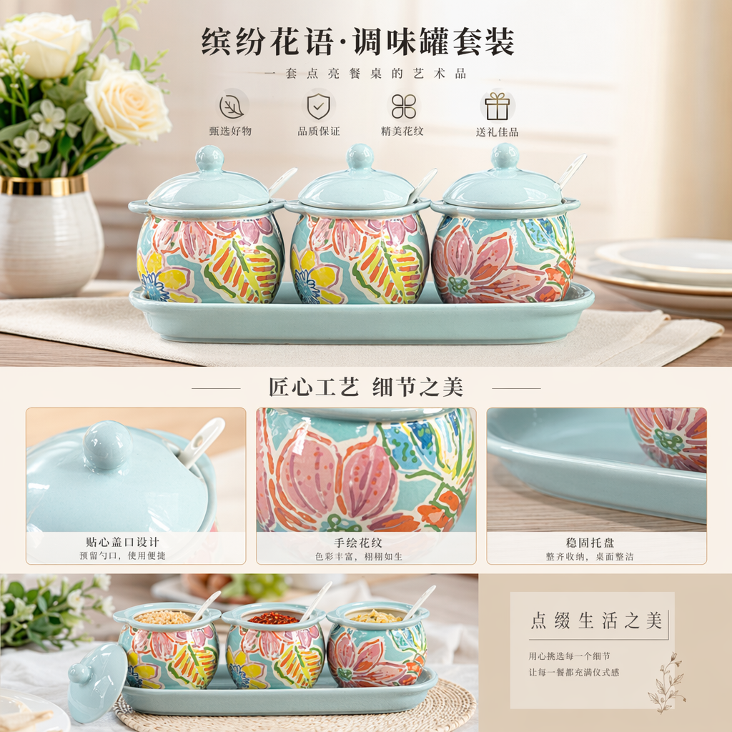 Three-piece set of colorful floral pattern covered seasoning jars, light green tray set, ceramic seasoning jars pic 1