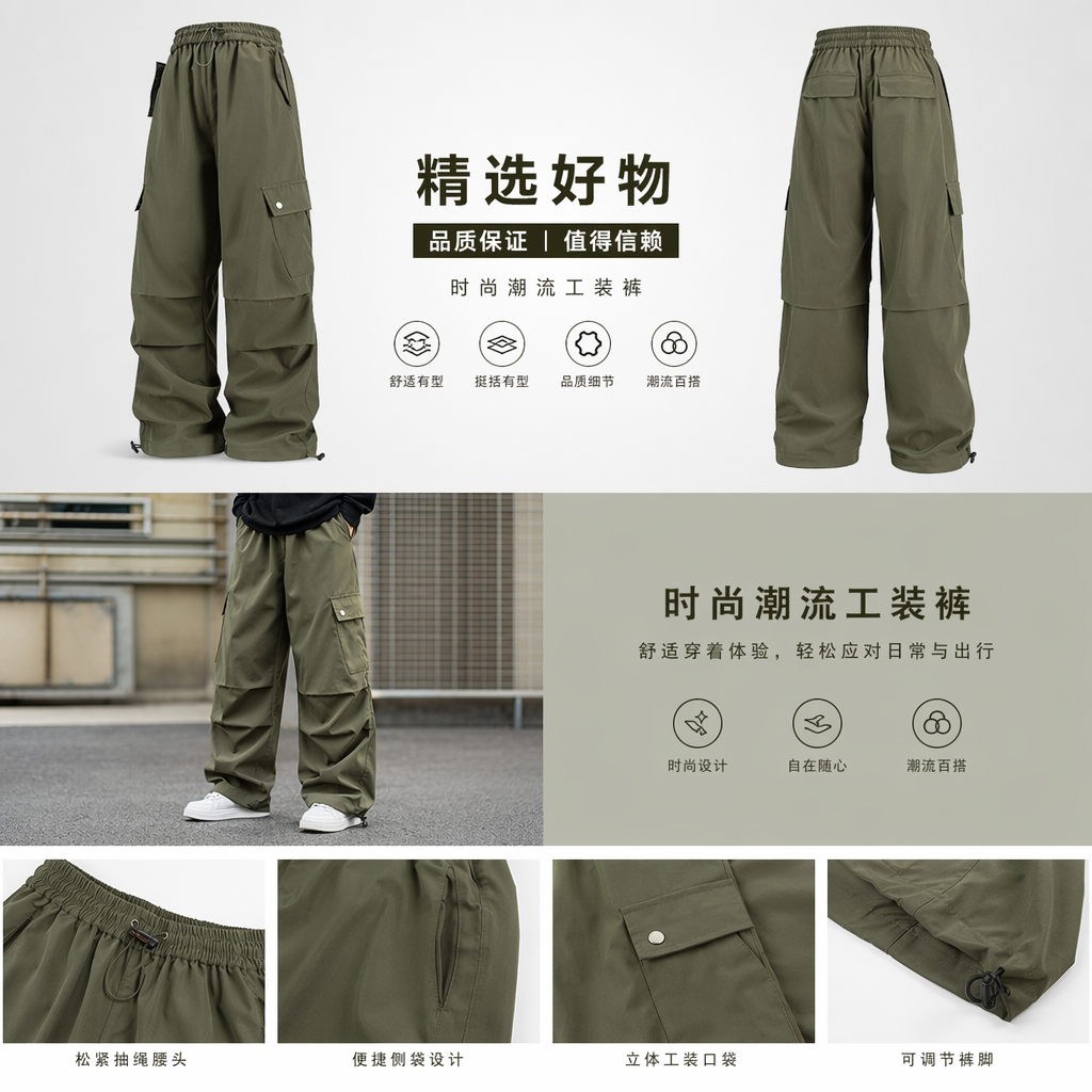 军绿色工装裤男款直筒宽松耐磨多口袋长裤详情1