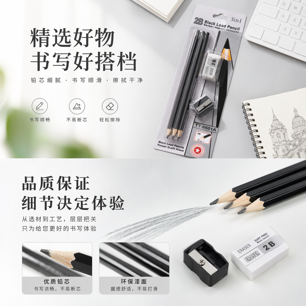 黑色铅笔套装含2B黑铅笔两支卷笔刀橡皮擦详情1