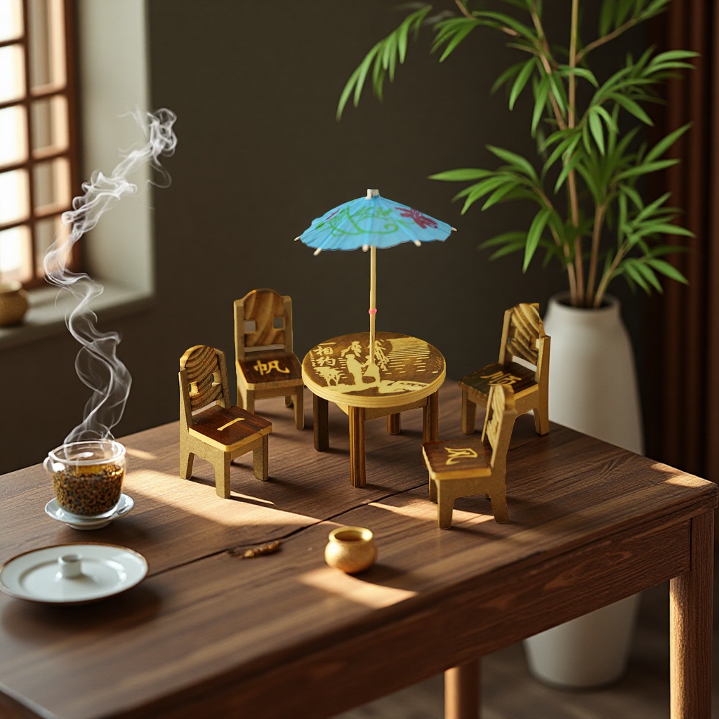 木质迷你桌椅套装含蓝色小伞庭院阳台微缩景观摆件