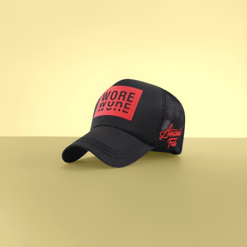 黑色网眼棒球帽正面WORE WONE红方块侧面Amad Fai手写红标