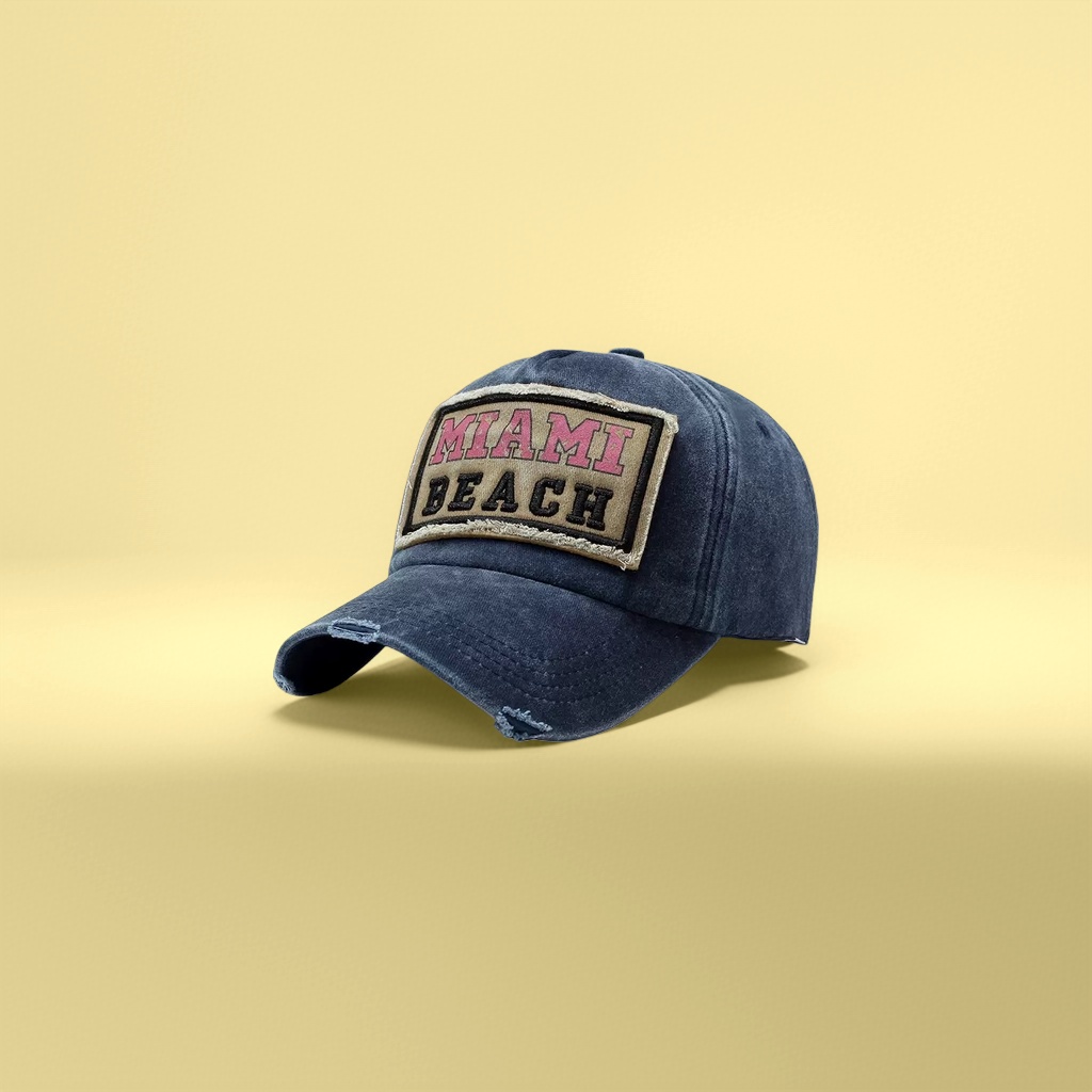 蓝色做旧棒球帽 帽檐破洞设计 正面MIAMI BEACH刺绣补丁