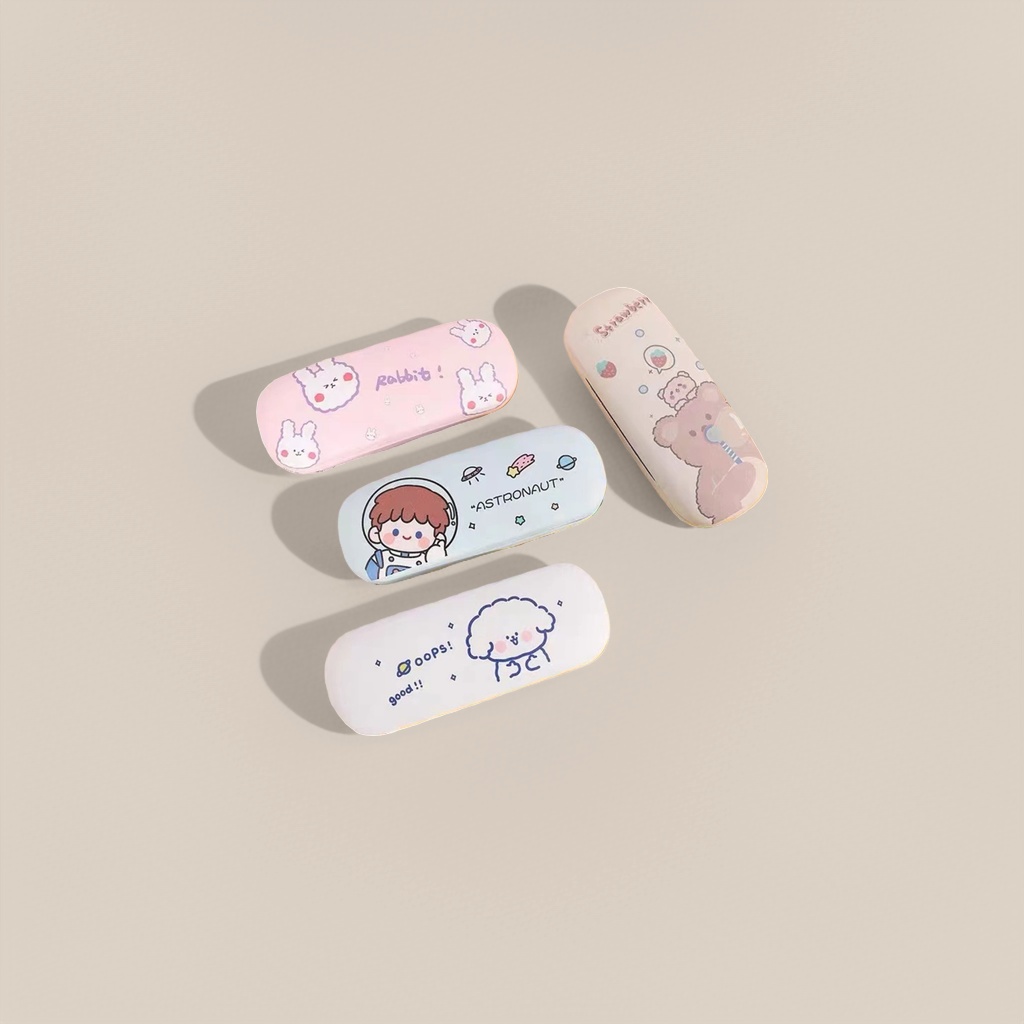Pink rabbit, white astronaut cloud, beige bear, strawberry pattern glasses case details Picture