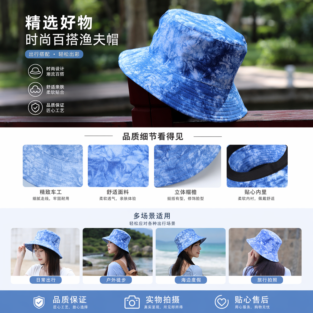 蓝白扎染渔夫帽 夏季透气防晒可折叠休闲百搭详情1