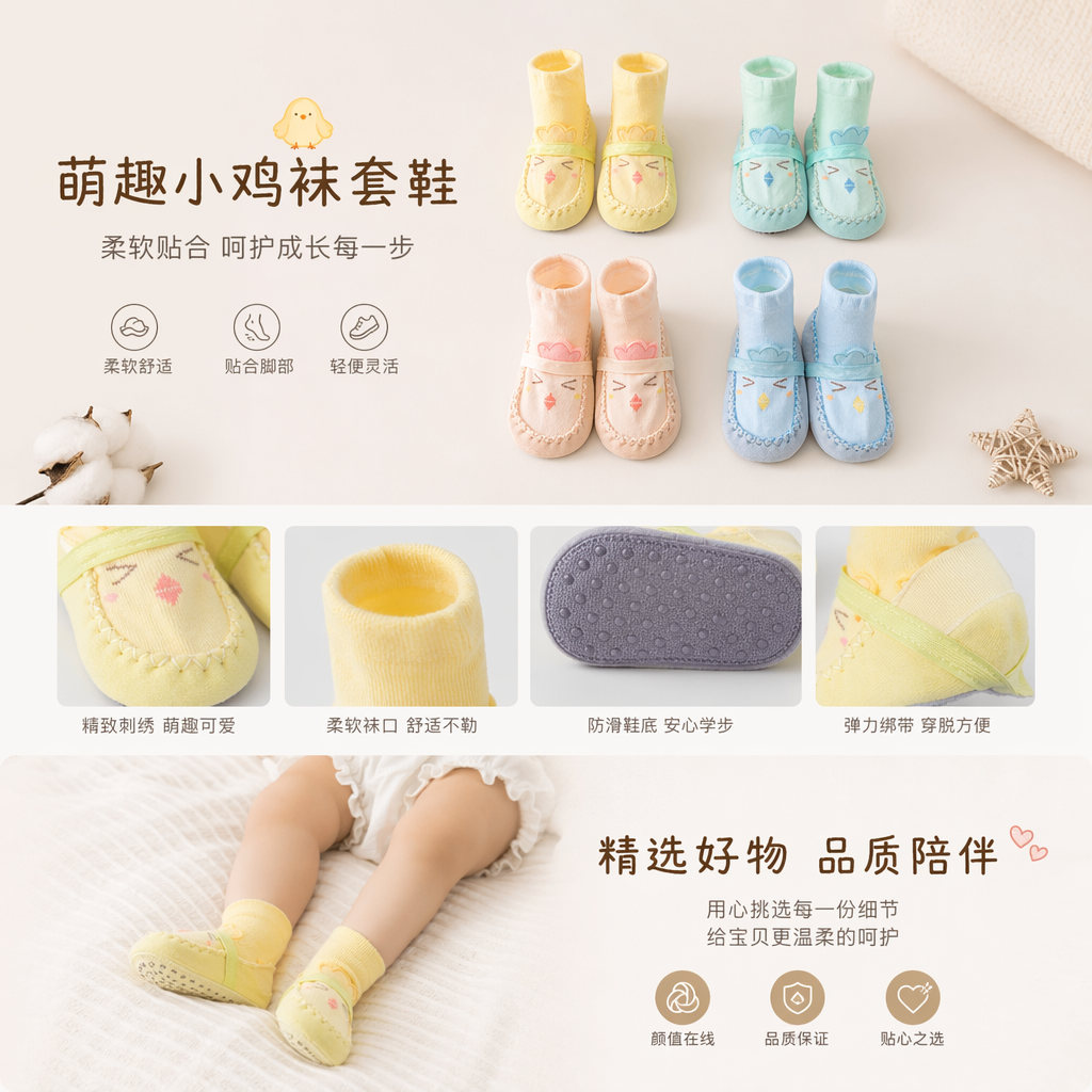 四双彩色婴儿袜鞋卡通小鸟脸谱装饰详情1