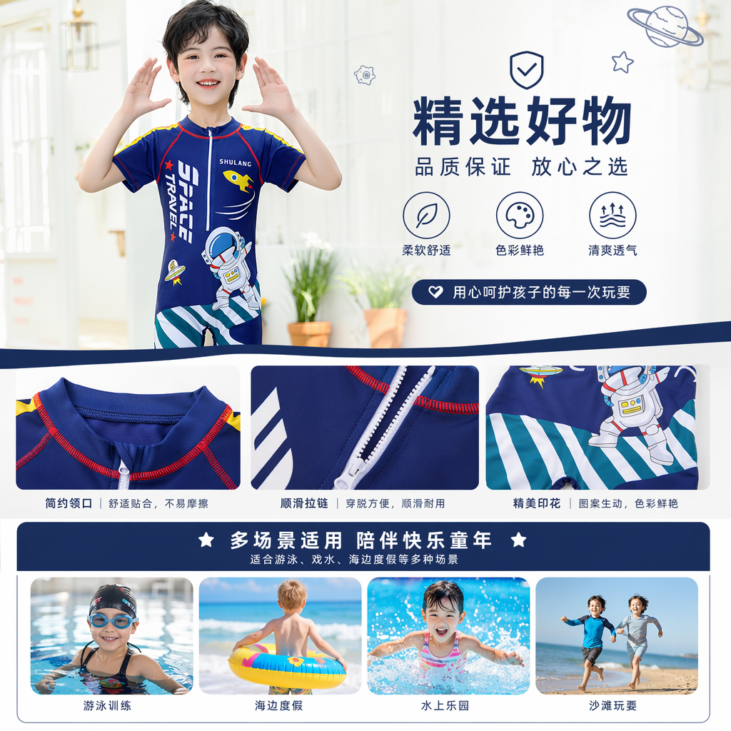蓝色宇航员主题儿童泳衣男孩夏季速干防晒游泳装备详情1