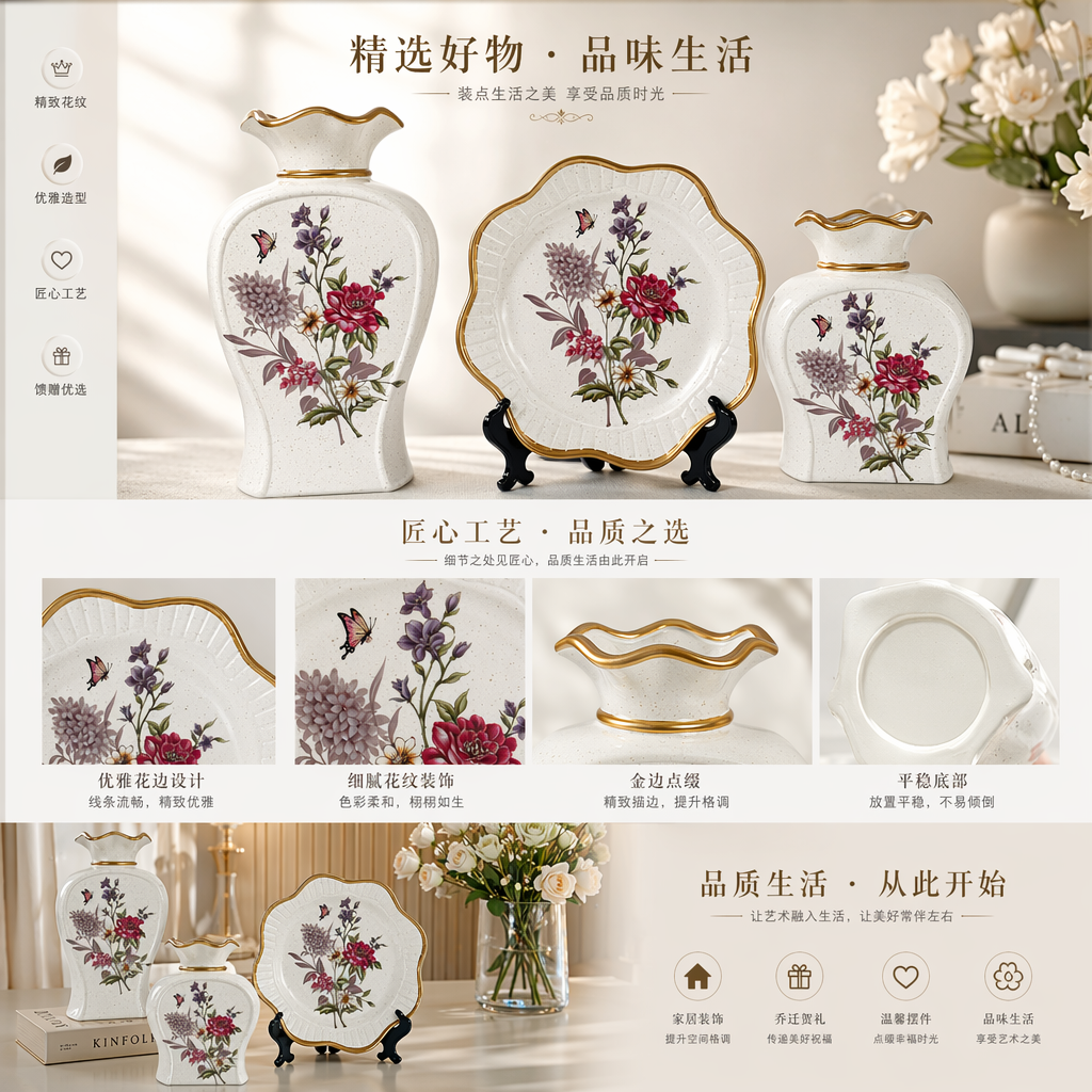 2026新款花卉图案陶瓷花瓶与盘子组合套装 酒店家居装饰摆件创意花瓶陶瓷花瓶详情1