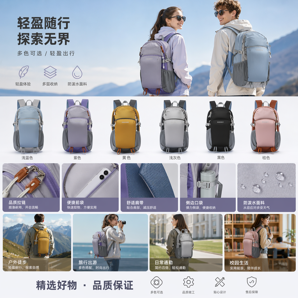 多色拼接尼龙双肩包 防水耐磨轻量旅行上学通勤背包详情1