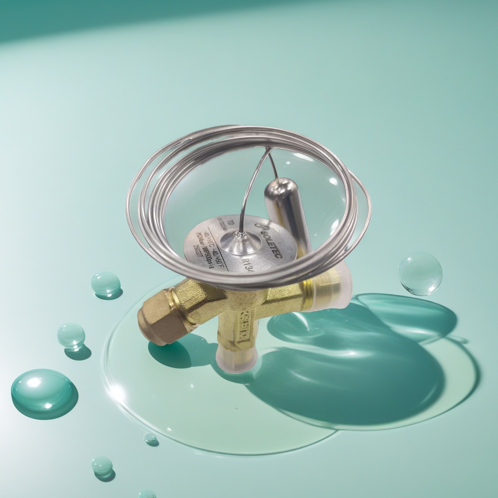 The golden copper valve body of the cold cabinet thermal expansion valve is equipped with a metal temperature sensing bulb, capillary tube temperature control and regulating valve assembly, and thermal expansion valve Specification image