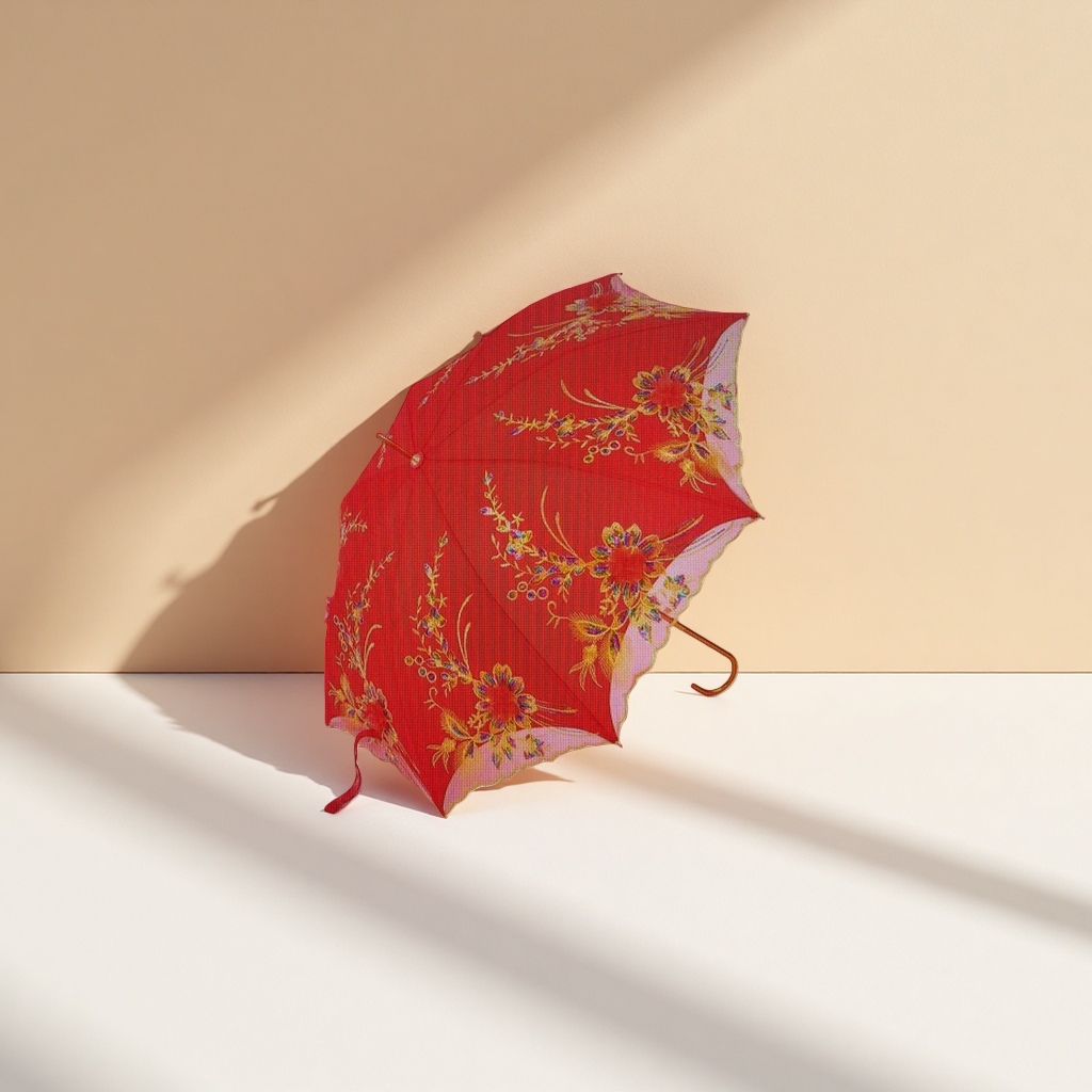 Bordado rojo flores sol paraguas de doble uso impermeable protección solar portátil plegable mango largo details Picture