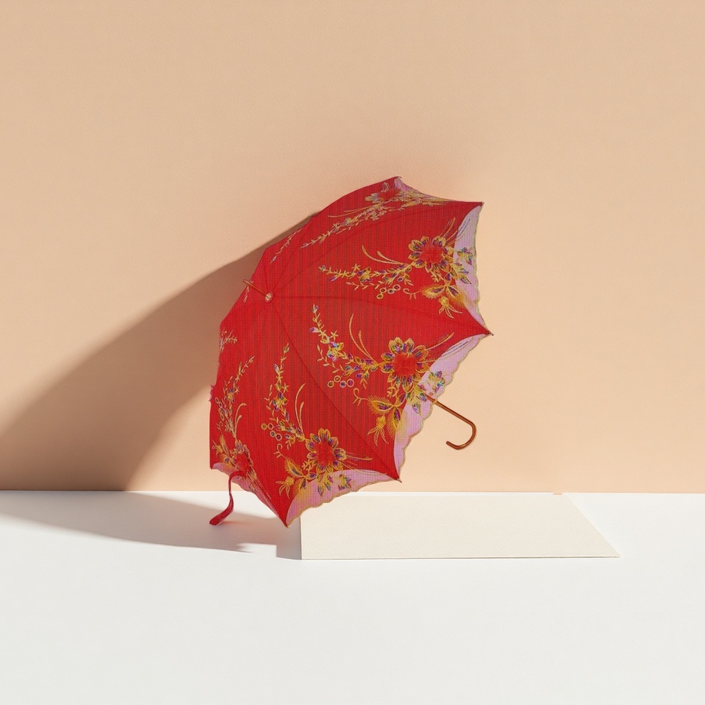 Bordado rojo flores sol paraguas de doble uso impermeable protección solar portátil plegable mango largo