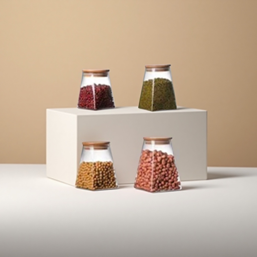 A transparent glass storage tank with a wooden lid holds red beans, mung beans, soybeans, peanuts and grains Application Scenario