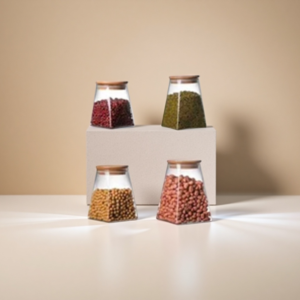 A transparent glass storage tank with a wooden lid holds red beans, mung beans, soybeans, peanuts and grains details Picture