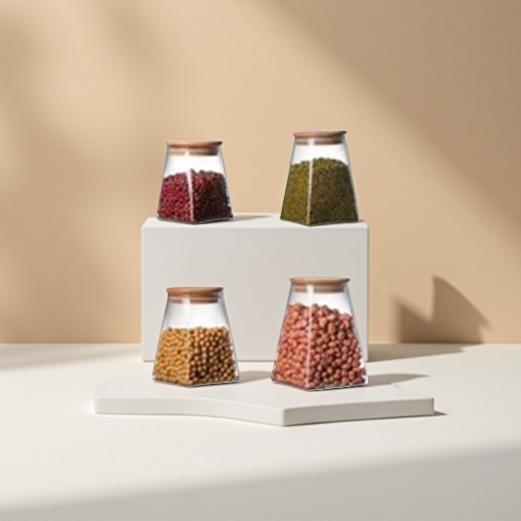 A transparent glass storage tank with a wooden lid holds red beans, mung beans, soybeans, peanuts and grains Specification image