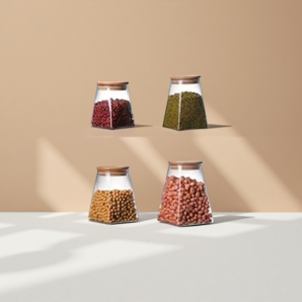 A transparent glass storage tank with a wooden lid holds red beans, mung beans, soybeans, peanuts and grains