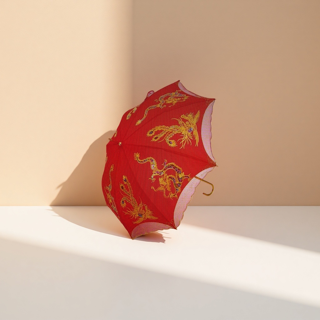 Paraguas de sol y lluvia con patrón de dragón y fénix bordados de oro rojo Specification image
